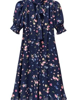 DKNY Navy Floral Tie-Bow Midi Dress